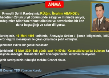 Kıymetli Şehit Kardeşimiz P.Ütğm. İbrahim ABANOZ’u şehadetinin 29’uncu yıl dönümünde, Karasu/Sakarya’da bulunan kabri başında Dernek Yönetimi, devre arkadaşlarımız, sevenleri ve adını taşıyan okulun öğrencilerinin katılımıyla saygı, minnet ve dua ile andık. 