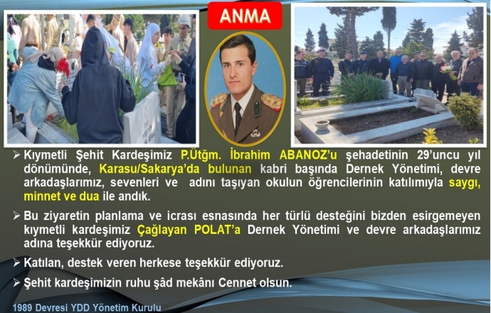 Kıymetli Şehit Kardeşimiz P.Ütğm. İbrahim ABANOZ’u şehadetinin 29’uncu yıl dönümünde, Karasu/Sakarya’da bulunan kabri başında Dernek Yönetimi, devre arkadaşlarımız, sevenleri ve adını taşıyan okulun öğrencilerinin katılımıyla saygı, minnet ve dua ile andık. 