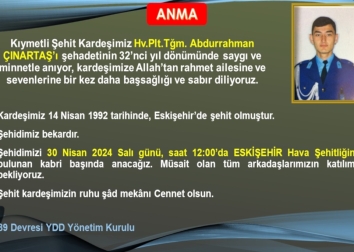 Kıymetli Şehit Kardeşimiz Hv.Plt.Tğm. Abdurrahman ÇINARTAŞ'ın Anma Töreni Yapıldı.