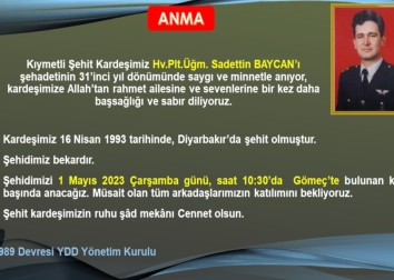 Kıymetli Şehit Kardeşimiz Hv.Plt.Ütğm. Sadettin BAYCAN'ın Anma Töreni Yapıldı.